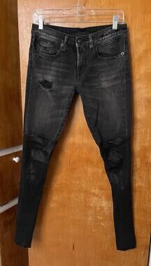 R13 Black Denim Knee Chaps Shredded Leather Skinny Jeans Sz 27 Western Rock FLAW
